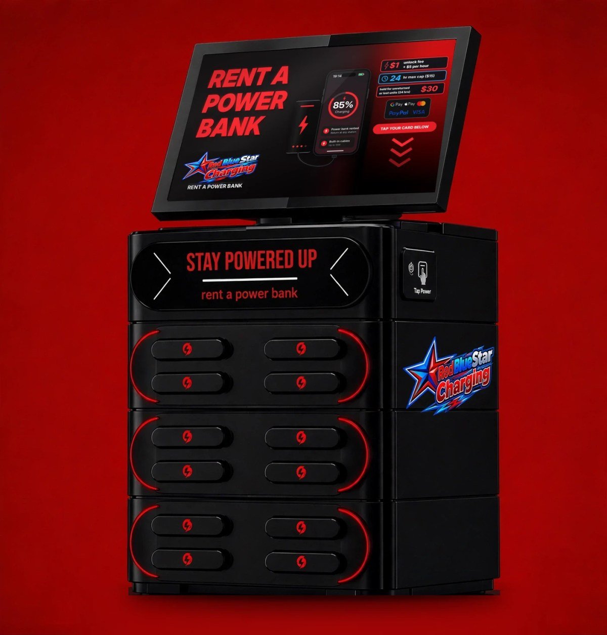 Red Blue Star Charging power bank rental kiosk