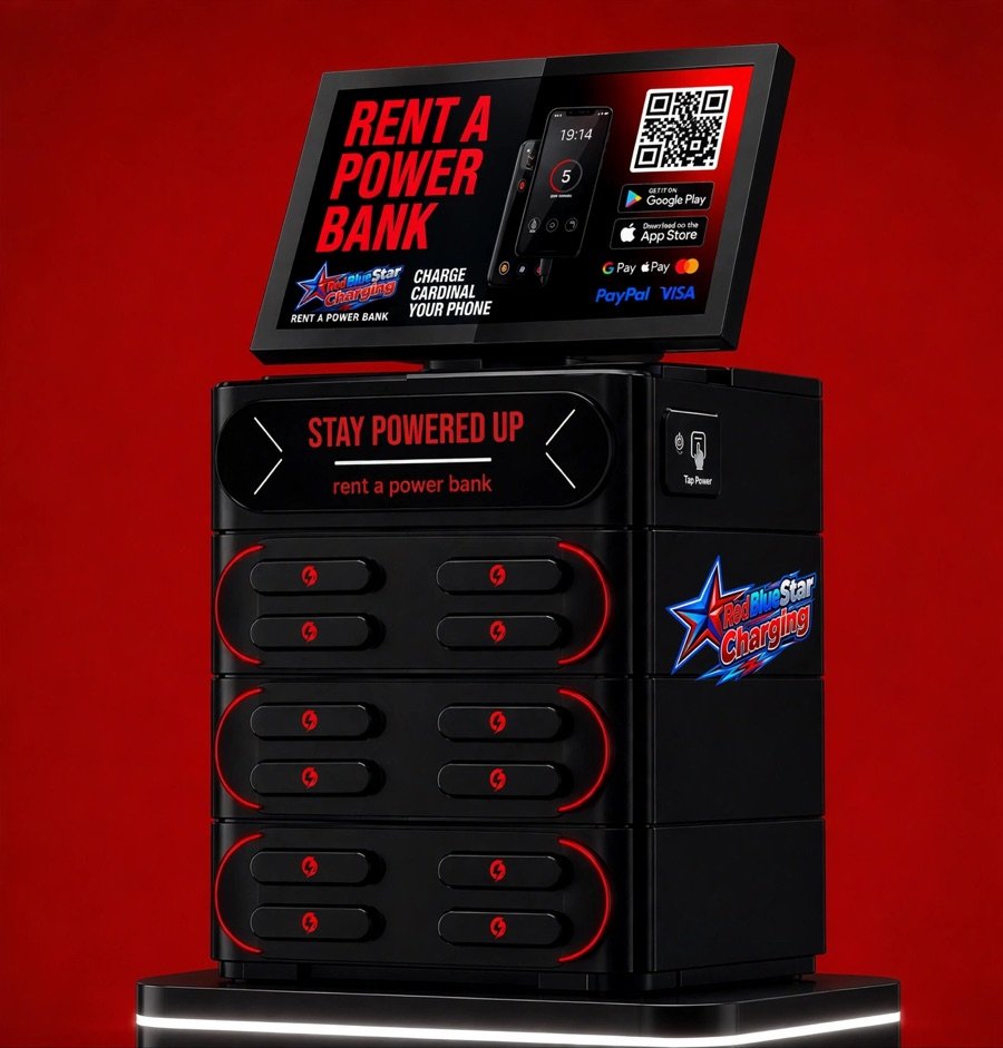 Red Blue Star Charging 12-bank kiosk with 10.1-inch screen